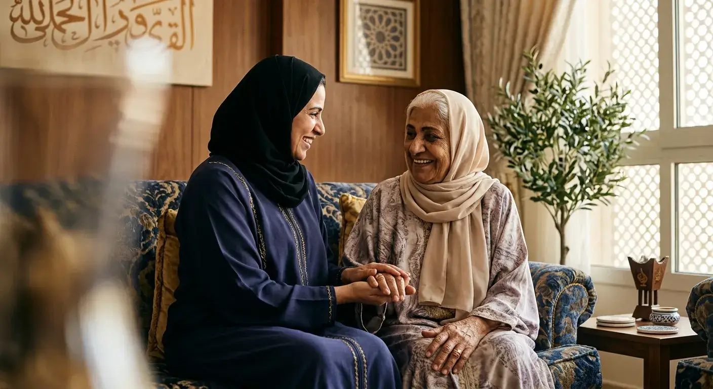 ابنة تطمئن على والدتها المسنّة في المنزل بدفء وحنان