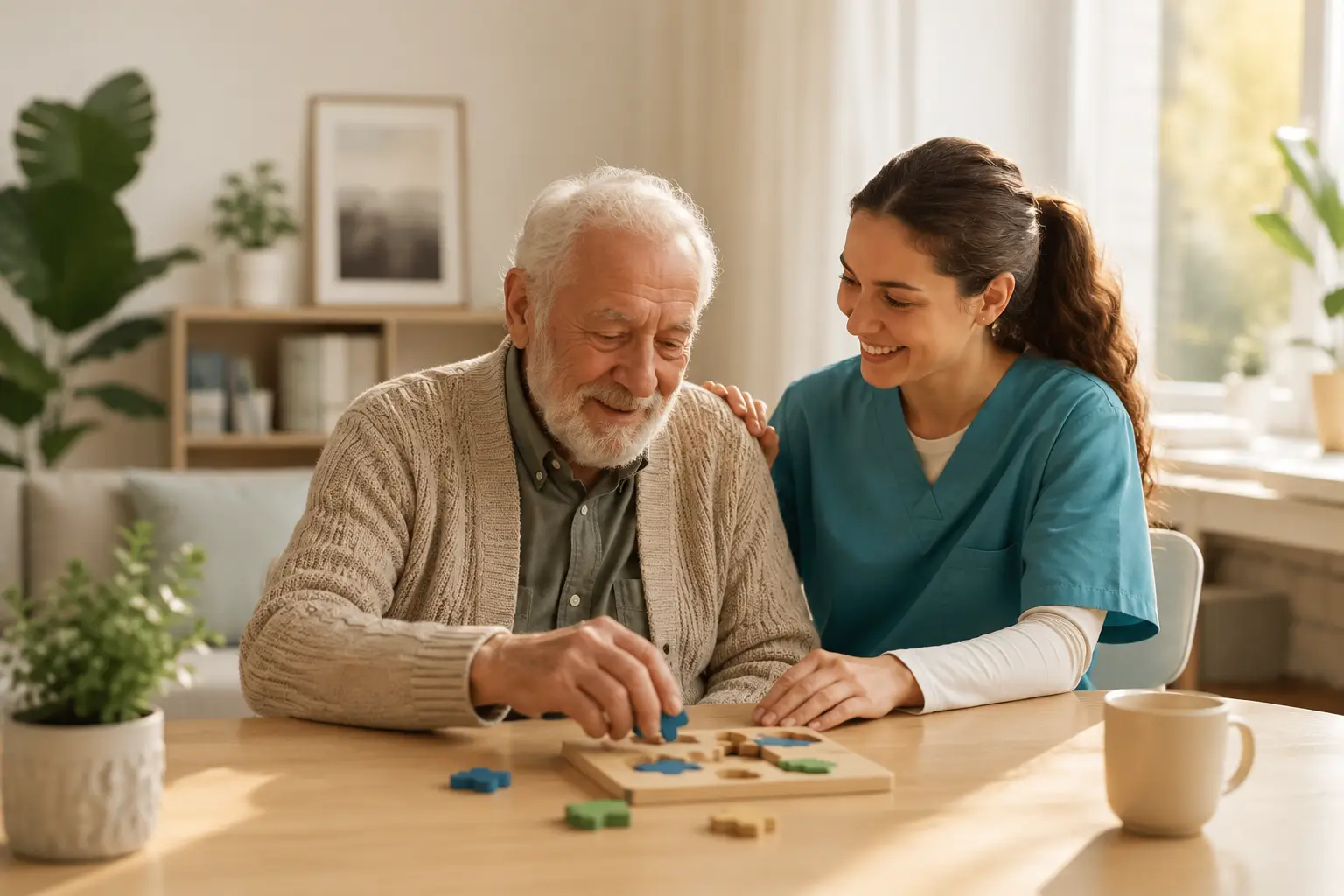 compassionate caregiver gently helping an elderly man living with dementia during a cognitive activity